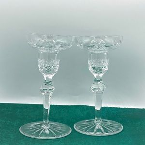 Clear Cut Crystal Glass Pillar Candlestick Taper Holder Set Of 2